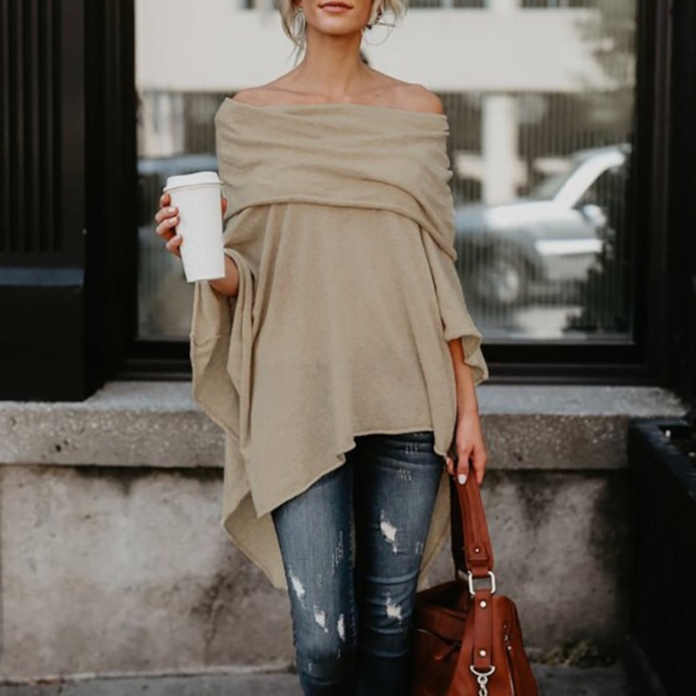 Off Shoulder Dip Hem Casual Poncho